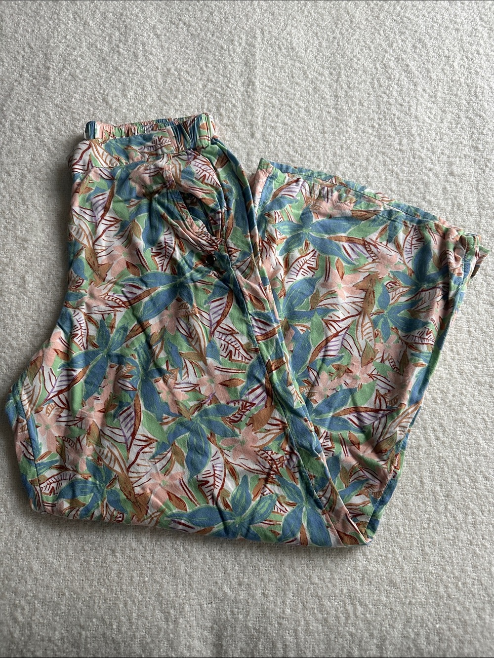 Roxy Wide-Leg Tropical Leaf Pants - Green & Pink
